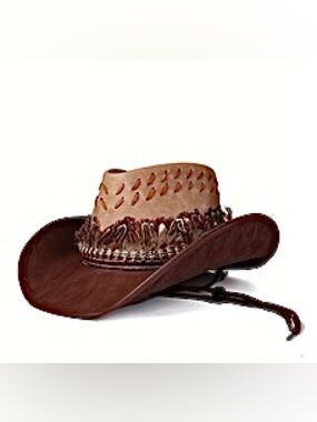 🆕Brown & Tan High Quality PU Leather Feather Wide Brim Cowboy Hat.